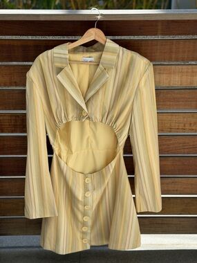 Danielle Bernstein We Wore What Yellow Striped Cutout Blazer Dress Size M